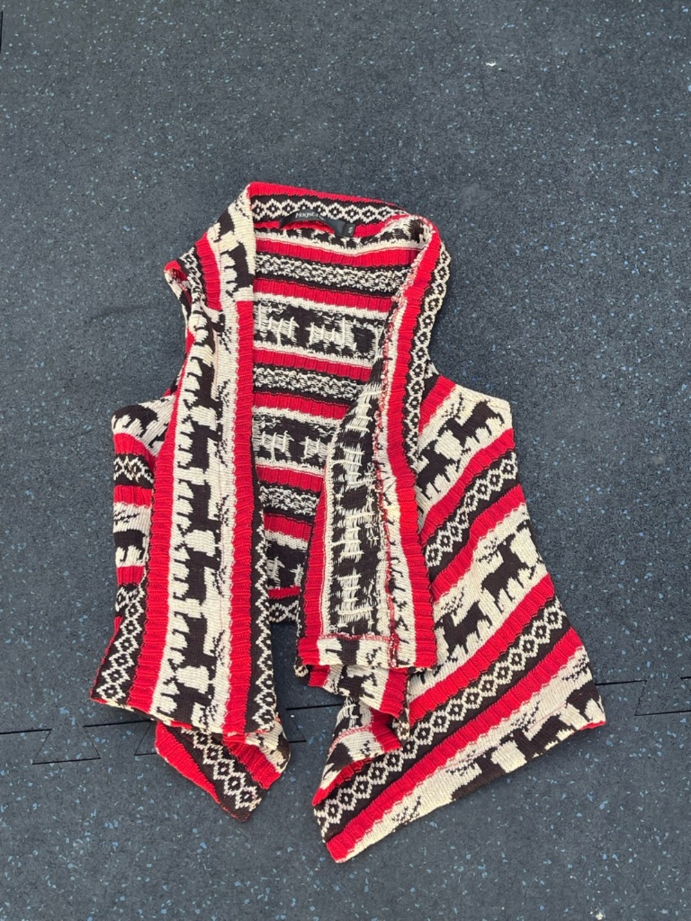 Vintage Striped Knit Open Front Vest with Reindeer Motif - Red, Cream, Black